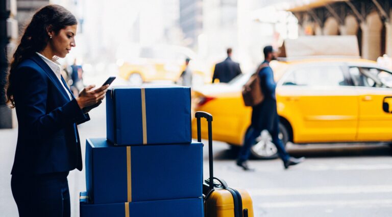 A female Prime businesswoman on an urban street organizes a move with Uber, holding the app and next to her are moving boxes (Uber for moving).