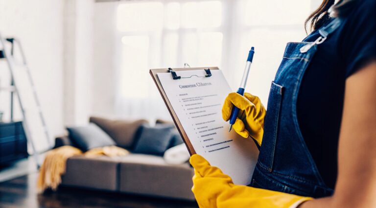 Young woman with Prime moving-in cleaning list in empty living room, organizing house cleaning