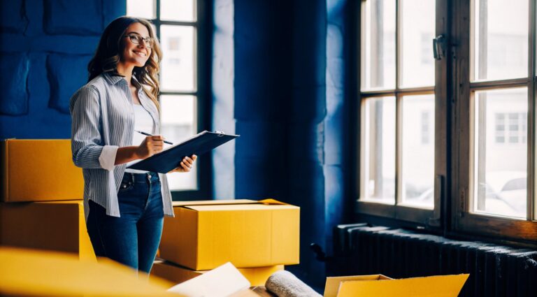 Επαγγελματίας γυναίκα κρατά μετακόμιση checklist της Prime σε νέο γραφείο, περιβάλλεται από κούτες και έγγραφα
