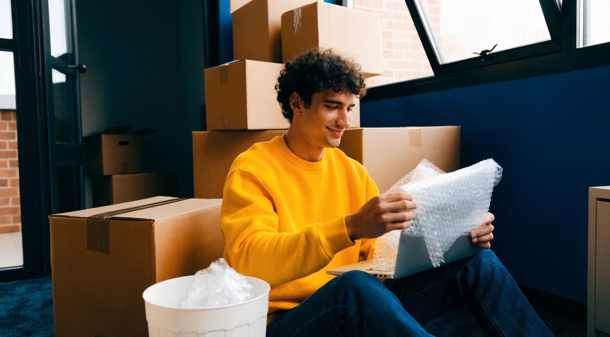 Άνδρας συσκευάζει laptop με αεροπλάστ για τη μετακόμιση ηλεκτρονικών συσκευών, με προϊόντα Prime για μέγιστη προστασία