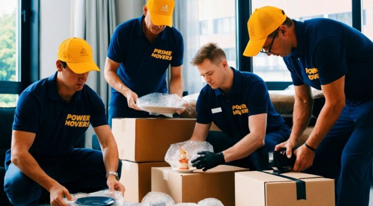 Επαγγελματίες της Prime συσκευάζουν εύθραυστα αντικείμενα με προσοχή κατά τη μετακόμιση για μέγιστη ασφάλεια.