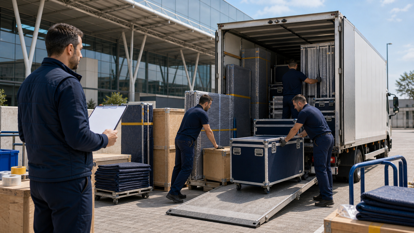 Transport von Ausstellungsmaterial in Griechenland mit organisierter Verladung Schritt für Schritt