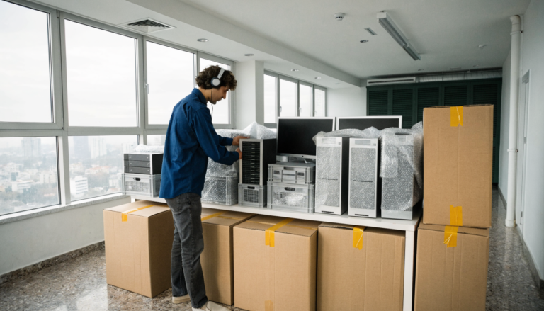 Büroumzug: IT-Techniker verpackt Geräte für sicheren Transport ohne Arbeitsunterbrechung