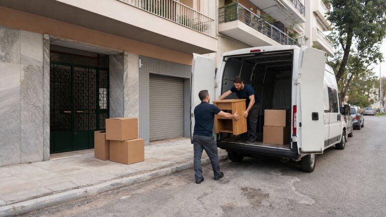 Umzugsteam lädt Kartons in einen Transporter für Mikrotransporte Thessaloniki