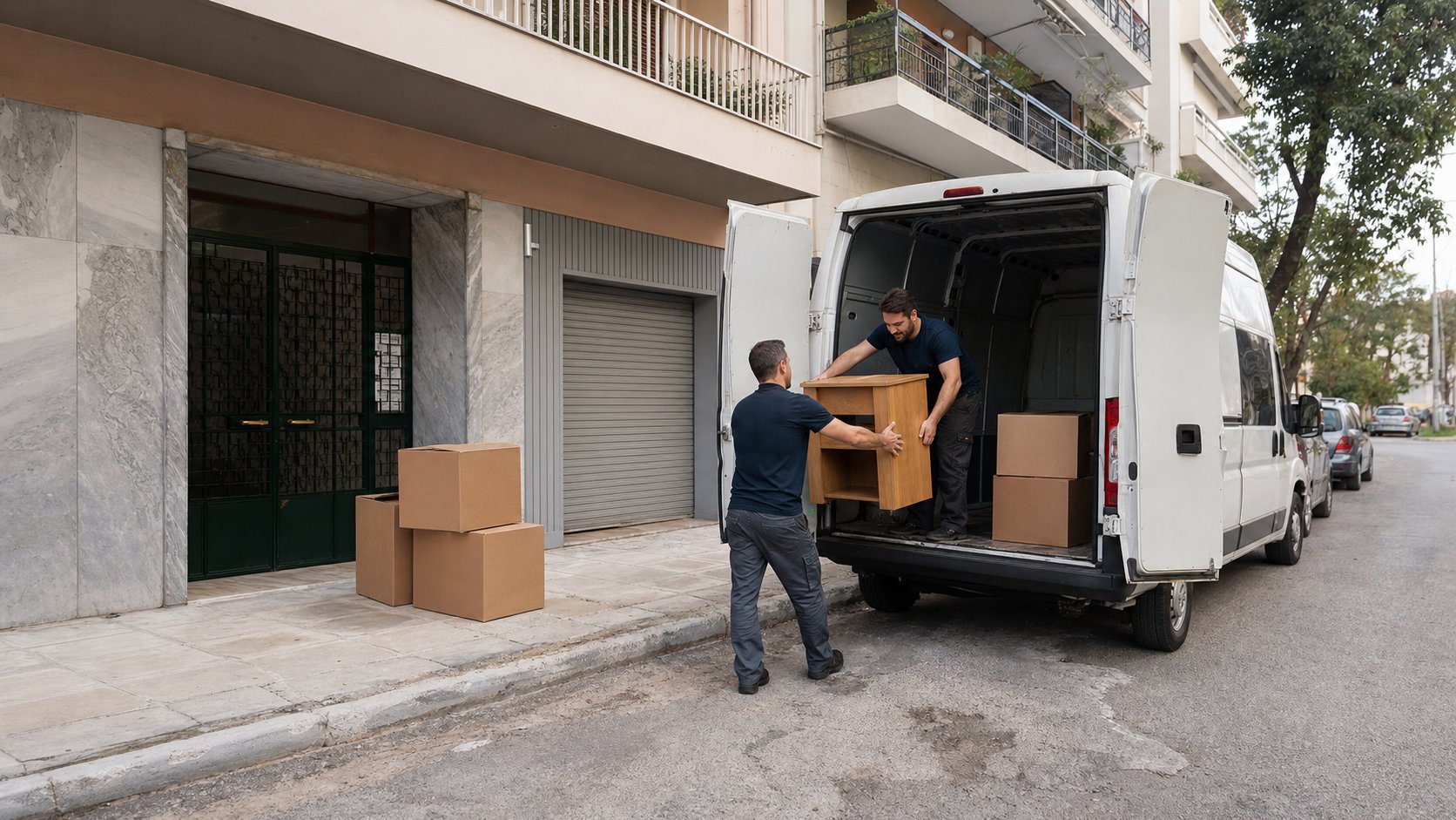 Συνεργείο μετακόμισης φορτώνει κούτες σε βαν για μικρομεταφορές Θεσσαλονίκη