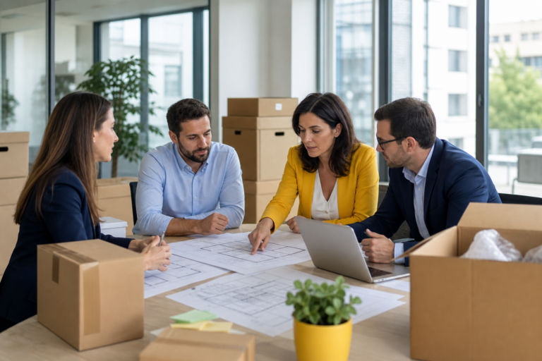 Office relocation schedule: a team of professionals organises the plan for moving to a new location.