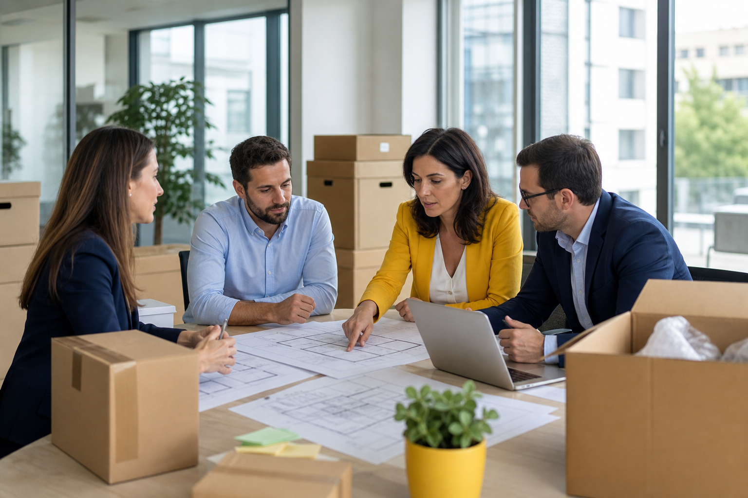 Office relocation schedule: a team of professionals organises the plan for moving to a new location.