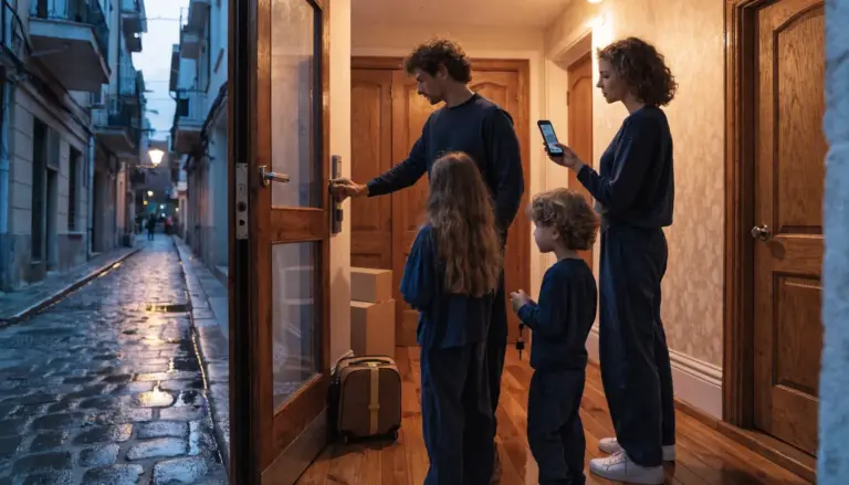 Family locks the door before leaving - home security at the holidays