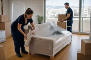 Professionelle Umzugshelfer schützen die Möbel bei einem Wohnungswechsel