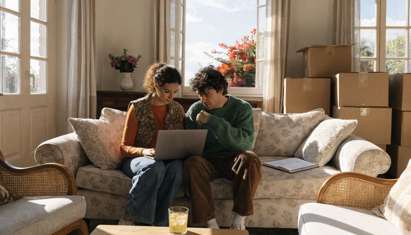 Ζευγάρι σε ελληνικό σπίτι διαβάζει online κριτικές πριν επιλέξει εταιρεία μετακόμισης.