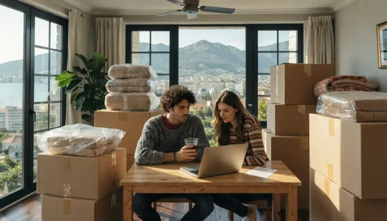 Couple checks moving company reviews before organising a move