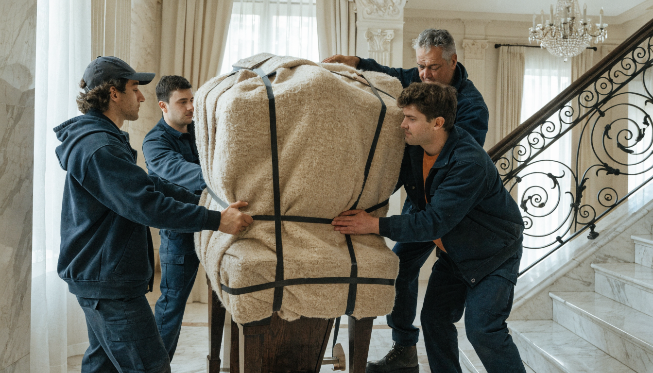 Συνεργείο μεταφοράς μετακινεί πιάνο με προστατευτικές κουβέρτες και ιμάντες σε κλιμακοστάσιο πολυκατοικίας