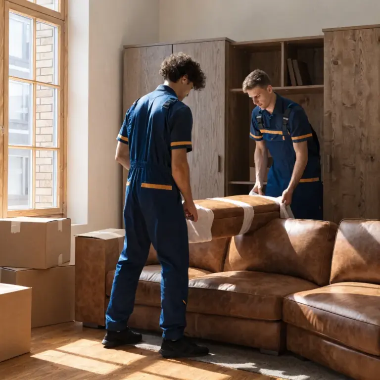 Umzug innerhalb der Wohnung: Professionelle Möbelpacker transportieren ein Sofa sicher