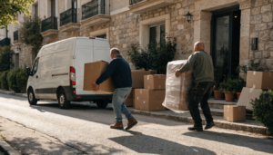 Μεταφορείς μεταφέρουν κούτες και τυλιγμένο έπιπλο σε είσοδο πολυκατοικίας κατά τη μετακόμιση σε νέα γειτονιά