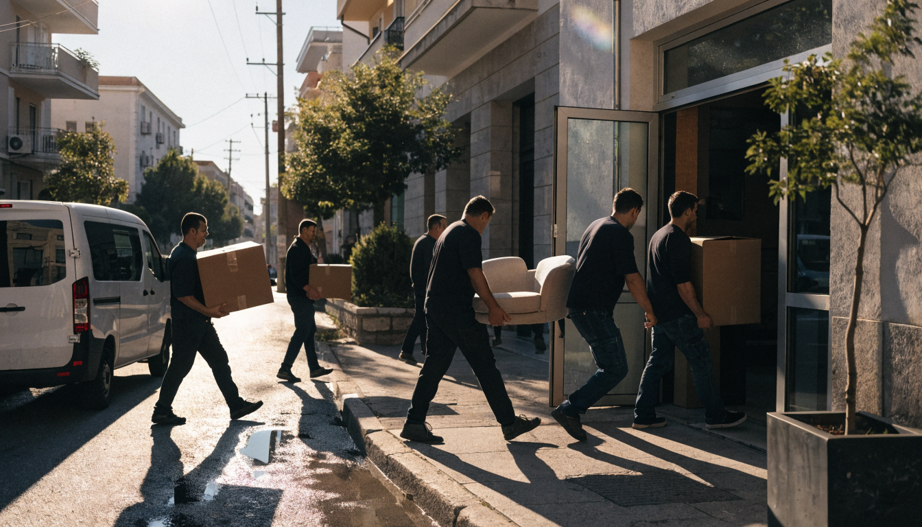 Επαγγελματίες μεταφορείς μεταφέρουν κούτες και έπιπλα σε πολυκατοικία στη Θεσσαλονίκη κατά τη διάρκεια μετακόμισης