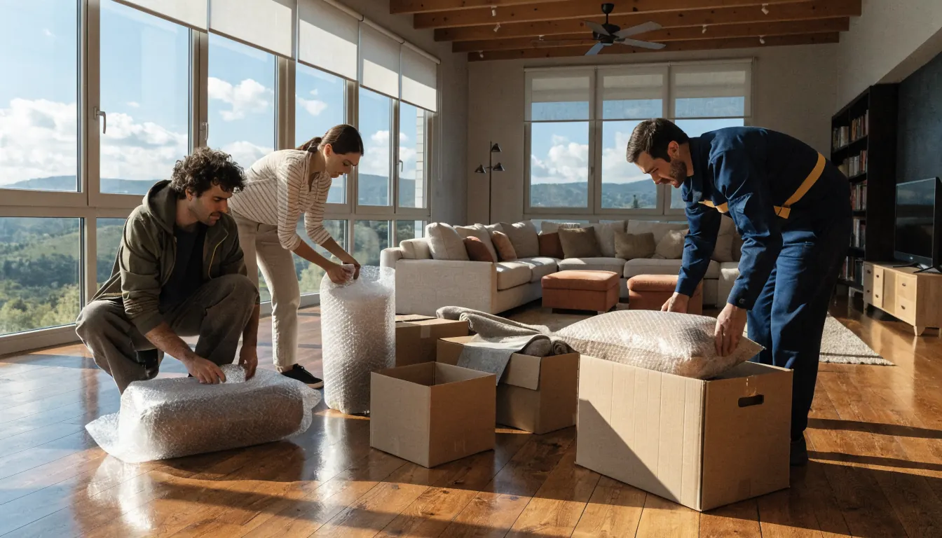 Couple prepares home move with packing in boxes together with Prime Movers professional, in a bright house.