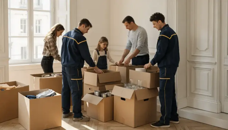 house moving list with organized boxes and family