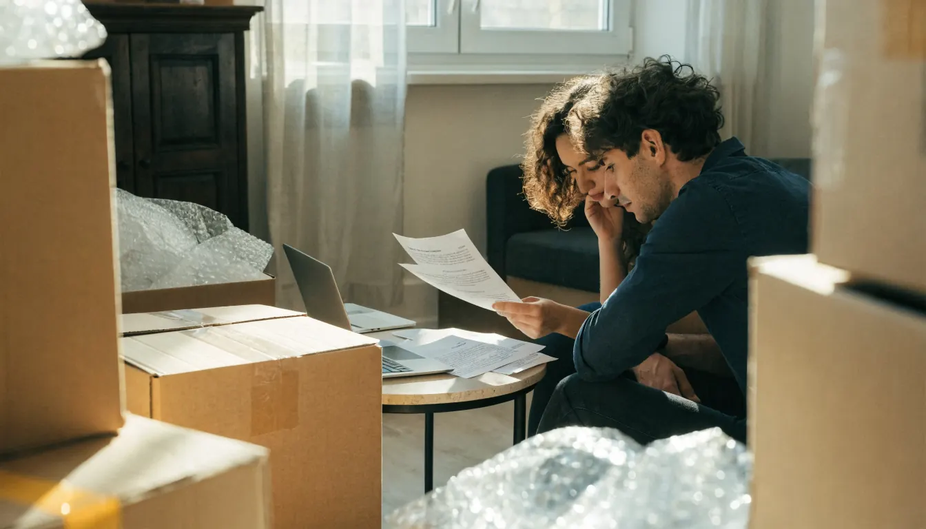 Ein Paar in einem Haus mit Umzugskartons vergleicht vor dem Umzug Angebote auf Papier und Laptop (Vergleich von Umzugsangeboten).