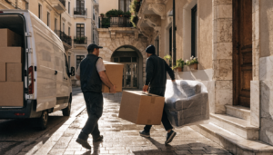 Μεταφορείς μεταφέρουν κούτες σε είσοδο πολυκατοικίας σε ελληνική γειτονιά με παρκαρισμένο όχημα μεταφοράς