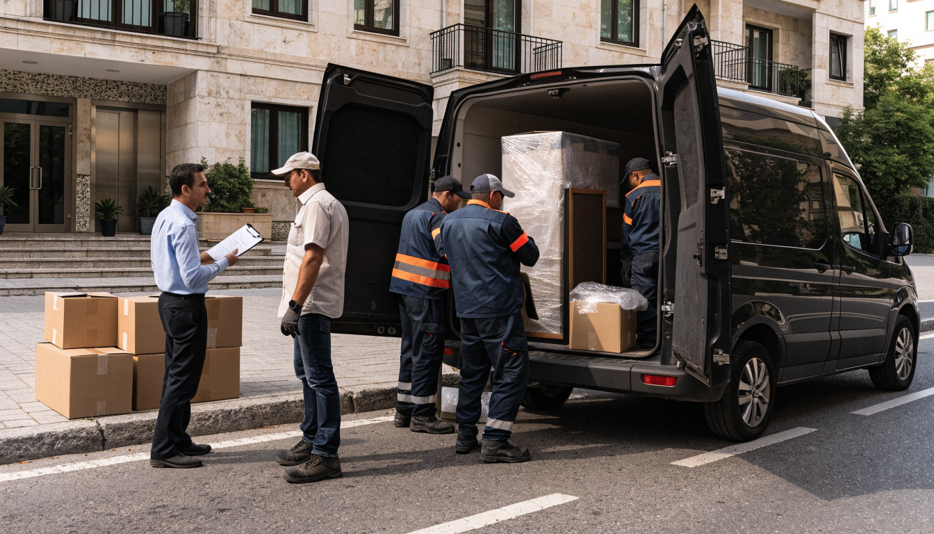 Συνεργείο μετακόμισης και πελάτης ελέγχουν απογραφή και προσφορά μετακόμισης πριν τη φόρτωση σε φορτηγό